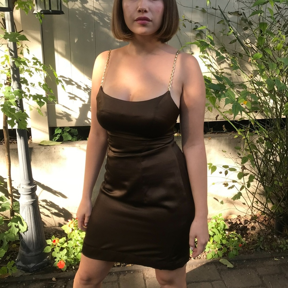 Satin Party Dress // Golden Straps // A-line // Size 4/M